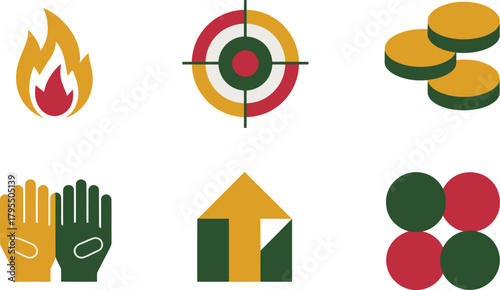 Flat vector icons for Purim treats, featuring hamantaschen cookies, sweet desserts, wine, and decorative gift basket,