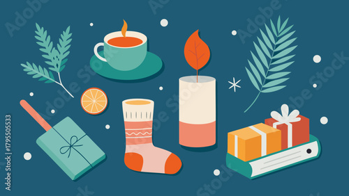 Cozy winter composition with tea, candle, sock, gifts, book and leaves on dark background