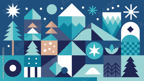 Abstract geometric winter landscape with trees, mountains, stars and snow in modern flat style