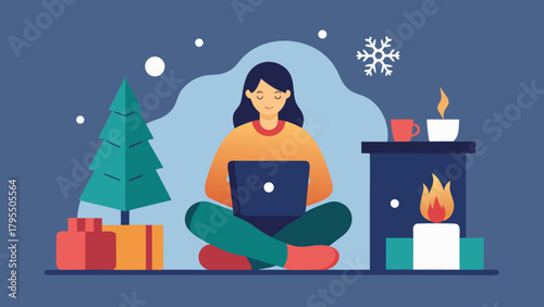Woman working on laptop near fireplace and Christmas tree with gifts in cozy winter atmosphere