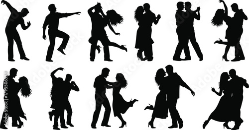 Dance couple silhouettes, black illustration, ballroom poses, romantic movement, expressive choreography, stage performance, love, elegance, style, motion, artistic, graceful