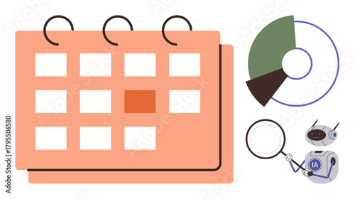 Calendar, pie chart, and robot holding magnifying glass suggest data analysis, planning, automation, future insights, efficiency, research, business strategy in a simple flat metaphor