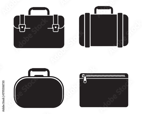 Collection of four distinct black silhouette briefcase and luggage icons on a white background