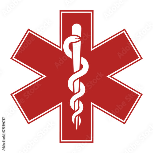 Red star of life symbol with caduceus medical icon on white background