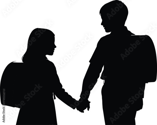 Children silhouette illustration, black figures, school kids, holding hands, backpacks, friendship, education, unity, youth, support, gesture, classroom, respect, art