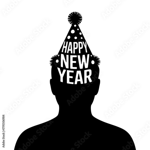 black silhouette wearing happy new year party hat clip art preview