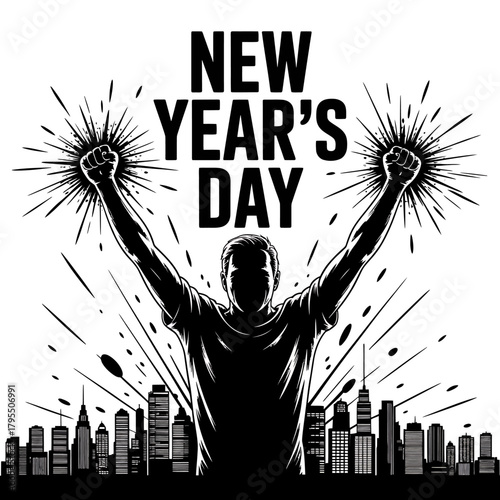 New years day celebration with a silhouetted man raising his arms in triumph against a cityscape with fireworks