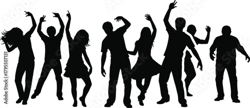 Dance silhouette illustration, energetic poses, solo dancers, couples, black figures, rhythmic movement, performance art, celebration, choreography, stage, motion, style, joy
