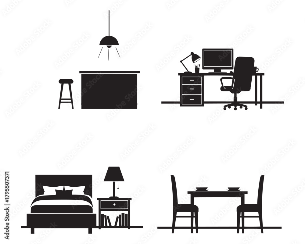 Fototapeta premium Minimalist Black and White Home Interior Scenes Vector Illustration Set