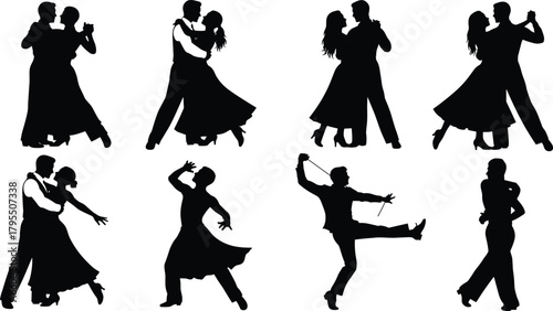 Dance silhouette illustration, ballroom couples, solo dancers, black figures, expressive movement, choreography, stage performance, rhythm, elegance, style, art, motion, joy