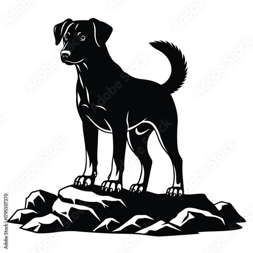 Black labrador retriever dog standing on rocks in a stylized illustration