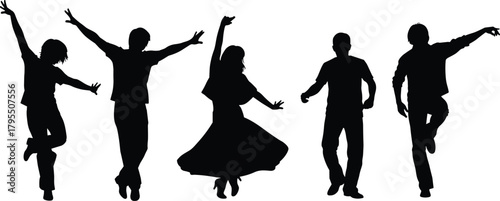 Dance silhouette illustration, solo dancers, black figures, expressive movement, energetic poses, stage performance, choreography, rhythm, motion, style, art, celebration, joy