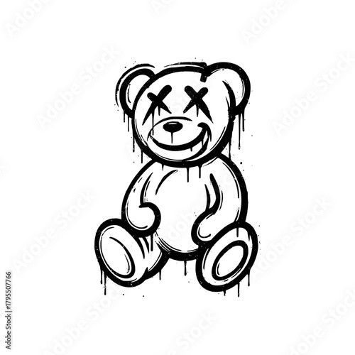 Smiling graffiti teddy bear with X eyes in black and white grunge style, isolated