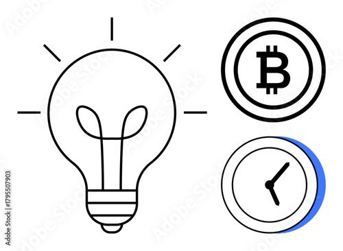 Light bulb radiates creativity and innovation. Bitcoin logo represents digital currency. Clock signifies time efficiency. Ideal for technology, finance, creativity, innovation, planning, investment