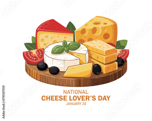 National Cheese Lover’s Day poster vector illustration. Various types of cheese on a wooden cutting board icon vector. Cheese platter with camembert and more. January 20. 