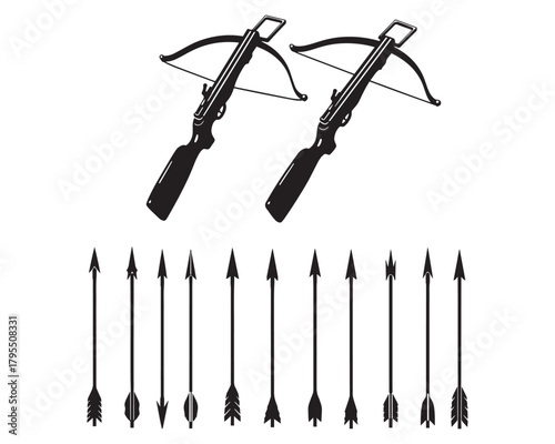 Crossbow Arrows Weapon Vintage Silhouette Black and White Illustration
