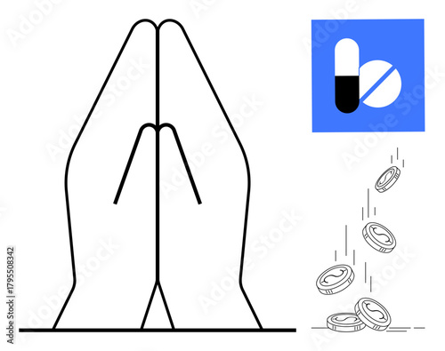 Two hands in prayer position, a pill graphic, and coins dropping. Ideal for healthcare, faith, costs, charity, healing pharmaceutical industry and hope. Simple flat metaphor