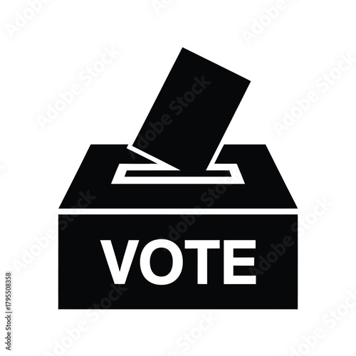 Black and white illustration of a ballot box with a vote being cast