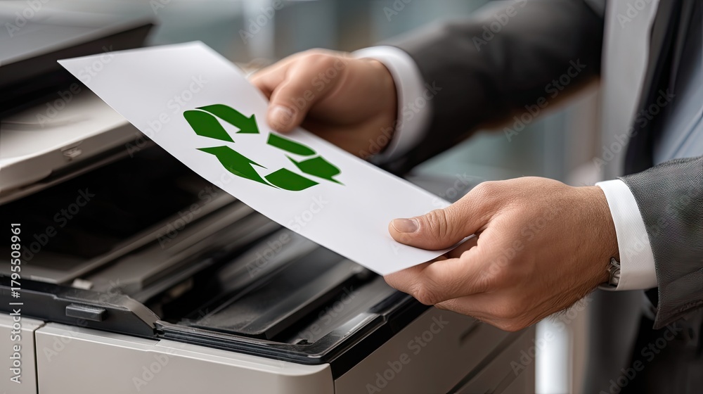 Fototapeta premium Person using photocopier with a green recycling symbol paper in a modern office setting showcasing eco-friendly practices
