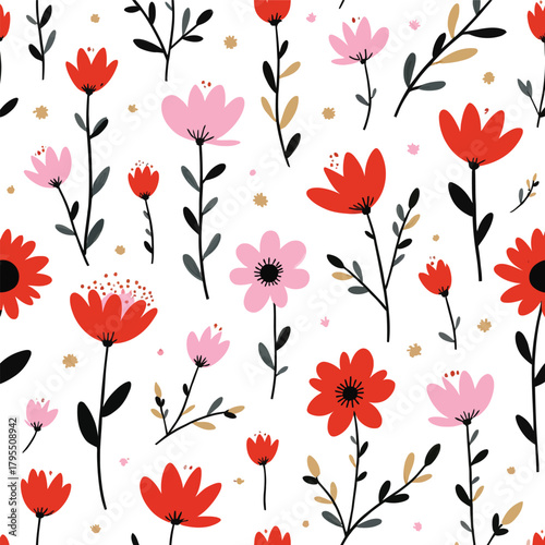 Seamless floral pattern with stylized red and pink flowers vector design