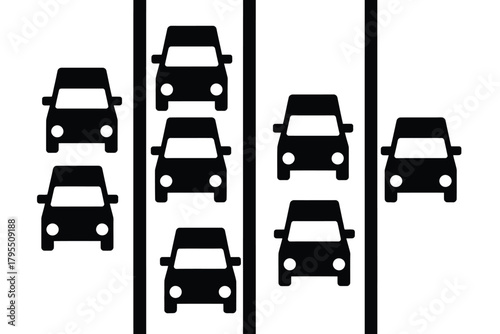 Multiple lanes of black car silhouettes stuck in traffic congestion on a highway
