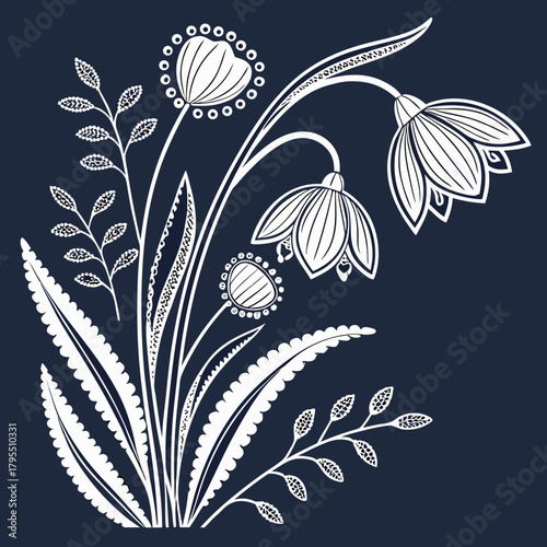 Elegant white line art floral design with bell shaped flowers and decorative leaves on a dark blue background