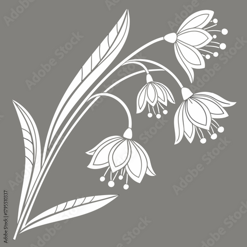 Elegant white stylized floral design with bell shaped flowers and leaves on a solid gray background