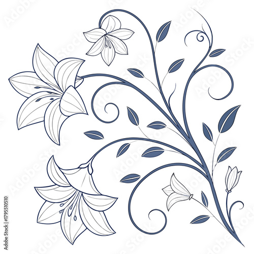 Elegant blue floral vine with lilies and bell flowers swirling tendrils and leaves isolated on white background
