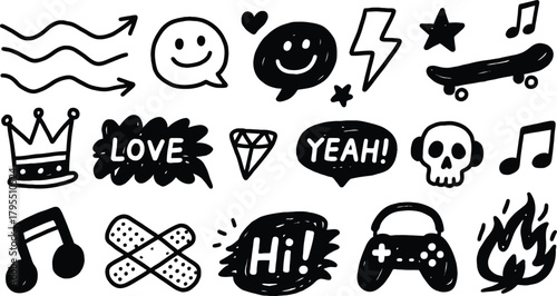 Hand drawn doodle set with arrows crown heart speech bubbles diamond skateboard gamepad music notes flame and other trendy decorative illustrations.