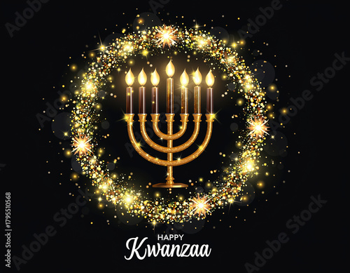 Golden Menorah with Sparkling Wreath and Happy Kwanzaa Greeting on Black Background