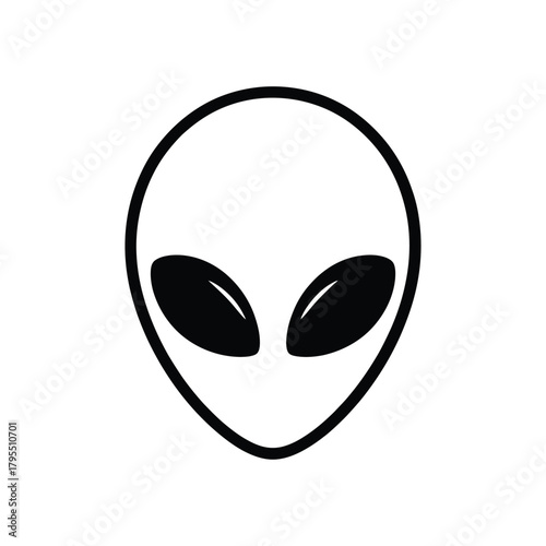 Simple minimalist black and white illustration of an alien head with large black eyes