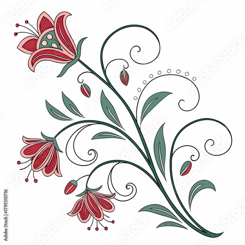 Decorative floral branch with red bell shaped flowers and green leaves on a white background