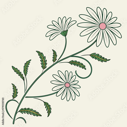 Delicate white daisy flowers with green stems and leaves on a cream background vector illustration