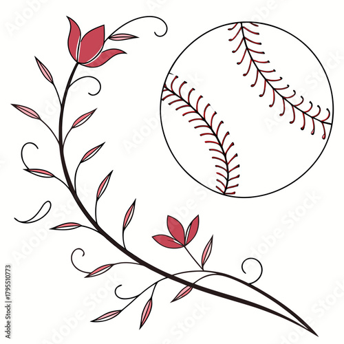 Decorative floral vine with red flowers and leaves intertwined with a classic baseball on a white background