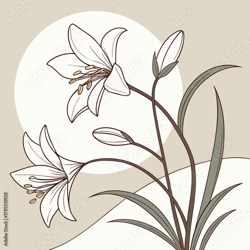 Elegant line art illustration of white lily flowers and buds with green leaves against a soft neutral background