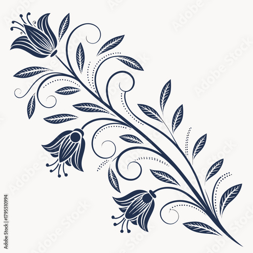 Elegant dark blue floral vine with bell shaped flowers and swirling leaves on a light background