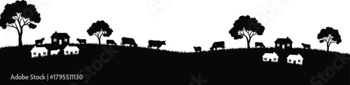 Farm silhouette illustration, black rural hills, grazing cows, farmhouse view, nature harmony, countryside landscape, trees, houses, pasture field, agriculture scene