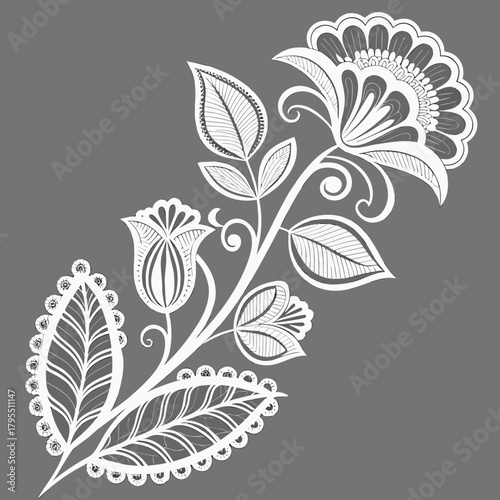 Intricate white floral design with detailed leaves and swirling stems on a solid grey background