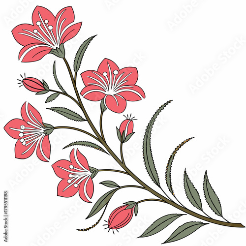 Delicate pink bell shaped flowers and buds bloom on a slender branch with green serrated leaves