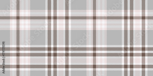 A refined tartan plaid pattern in muted grey and brown hues featuring a geometric crisscrossed design with clean lines and squares, creating a sophisticated and timeless style