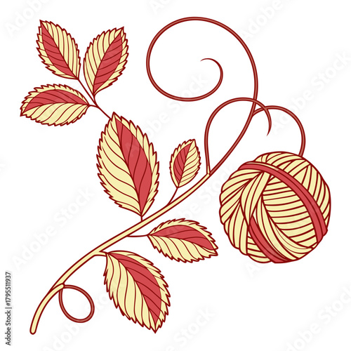 Stylized decorative vine with red and yellow leaves and a ball of yarn hanging gracefully