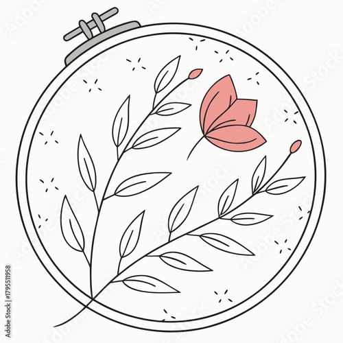 Delicate pink flower and leaves embroidered on a hoop with a minimalist outline style