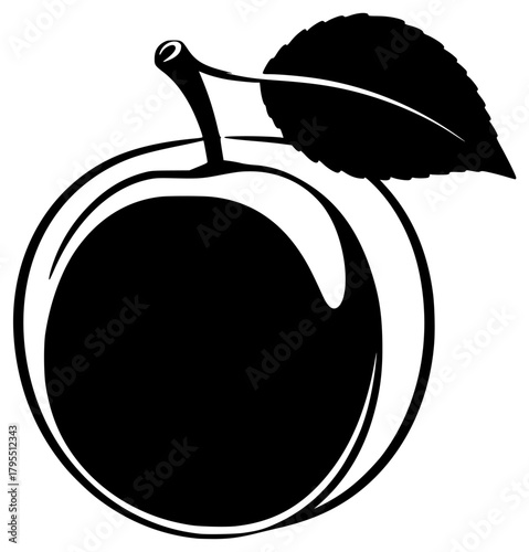 A black and white silhouette of a peach with a leaf, apple, apricot, black, fruit, illustration, leaf, peach, plum, profile, stem, against transparent background