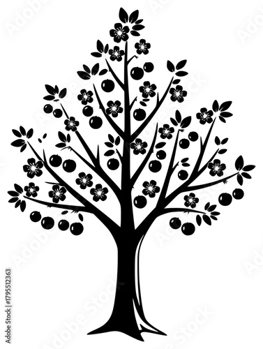 A black and white silhouette of a tree with flowers and fruits, apple, apple tree, black, flower, fruit, fruit tree, illustration, profile, tree, against transparent background