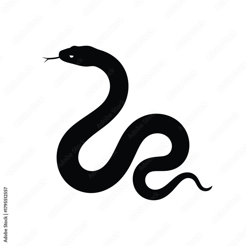 Fototapeta premium Silhouette of a coiled black snake with its tongue sticking out against a white background