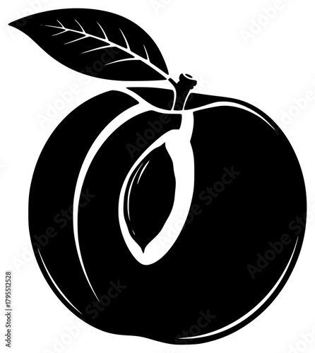 A black and white silhouette of a fruit with a leaf, apricot, black, fruit, illustration, leaf, nectarine, peach, plum, profile, stem, white, against transparent background
