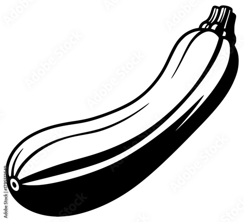 A black and white illustration of a zucchini, banana, black, courgette, eggplant, illustration, profile, against transparent background