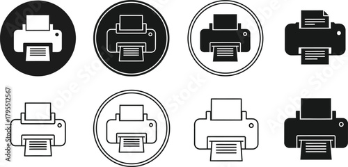 Collection of Printer Icons in Black and White Minimalist Style Design