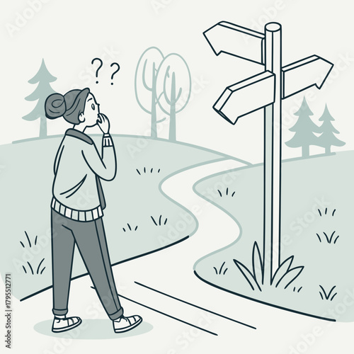 Young woman standing at a crossroads with a signpost contemplating which path to take on her journey