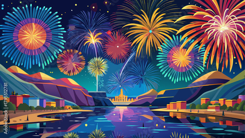 Very beautiful 4K ultra HD image of fireworks over the Colorado River at Laughlin, Nevada, USA, featuring vibrant bursts of color reflected on calm river waters, capturing the festive atmosphere and s